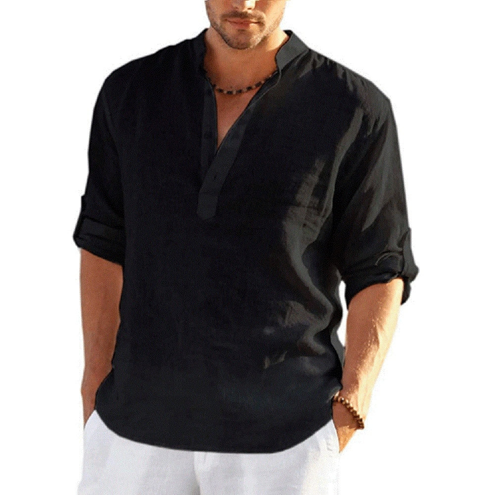 Men's Cotton Linen Henley Shirt Long Sleeve Casual Beach T Shirts