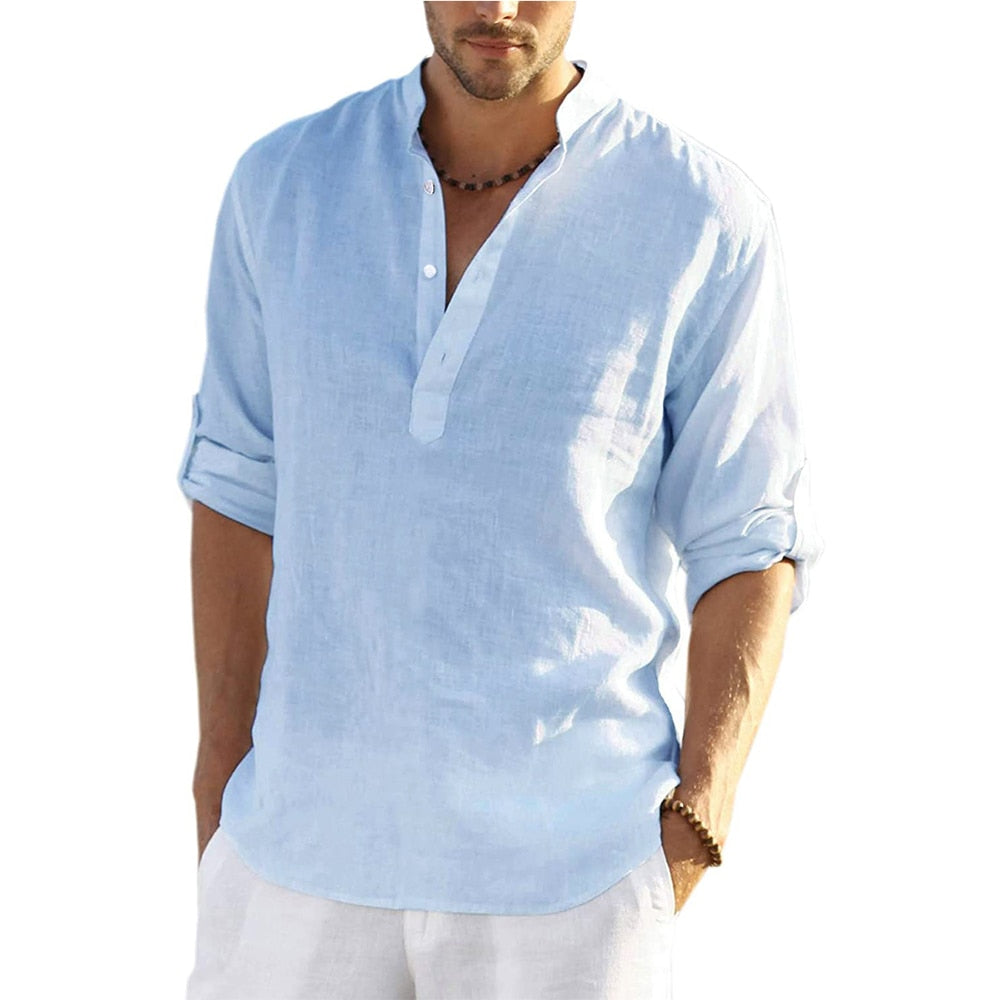 Men's Cotton Linen Henley Shirt Long Sleeve Casual Beach T Shirts